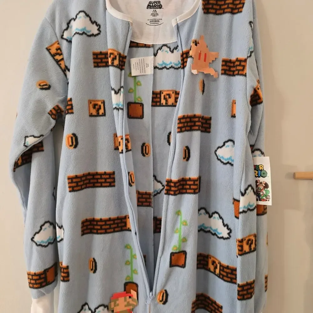 NWT Nintendo Super Mario Fleece Zip Up One-Piece Pajamas Blue Size S Small